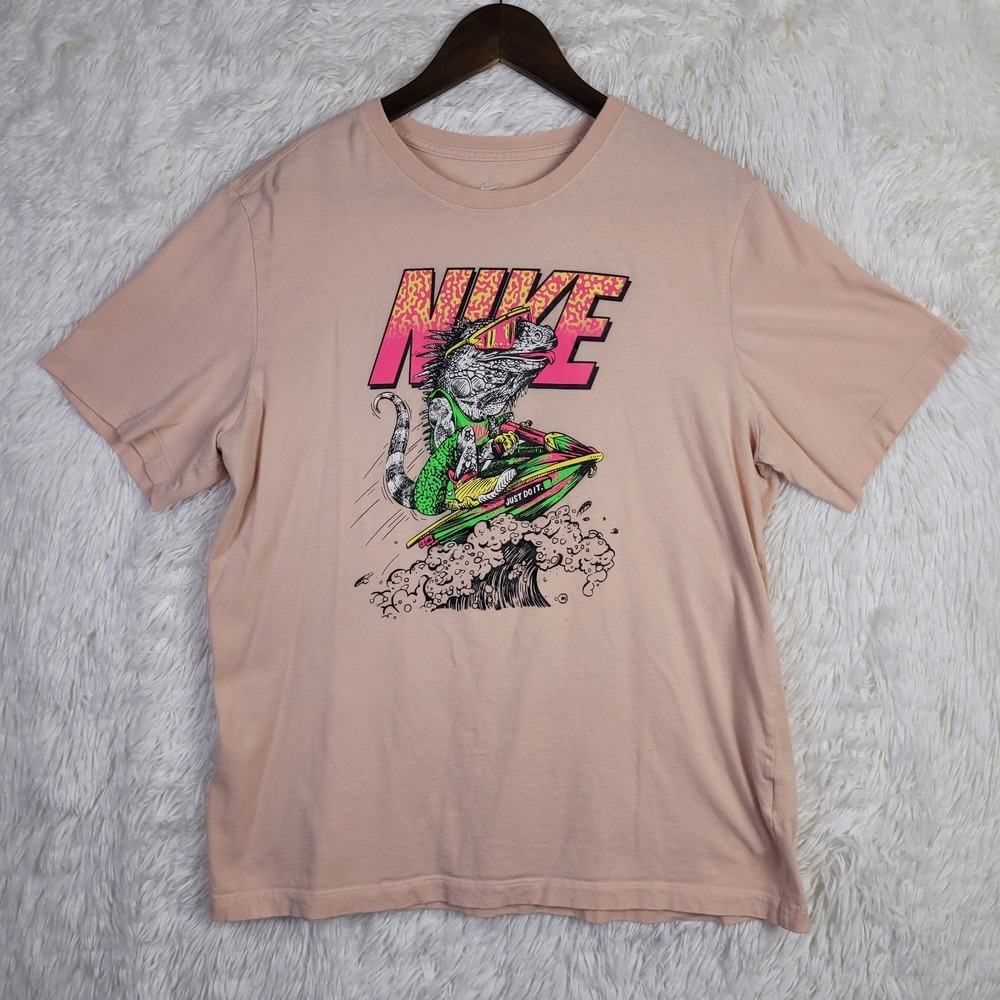Nike Mens Large Pink Iguana Riding Jet Ski Graphic T-Shirt Retro